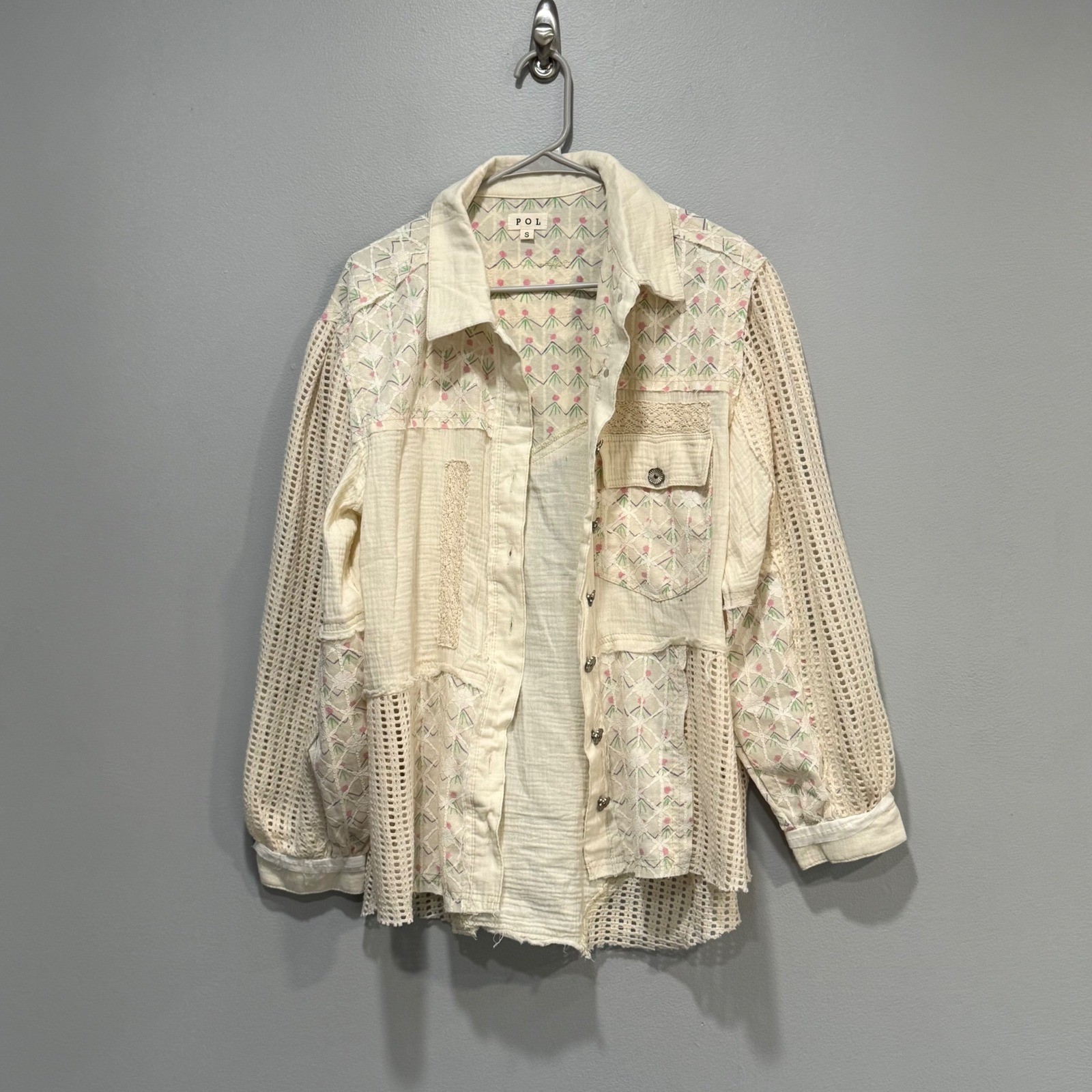 POL Cream Embroidered Eyelet Patchwork Button Up … - image 4