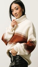 Suéter Suéter Tejido Para Mujer BATIC BØRN Marfil Marrón Bloques de Color Cuello Alto XL