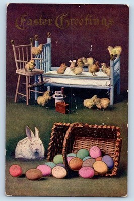 c1910's Easter Greetings Rabbit Eggs Basket Little Chicks Antique Postcard
