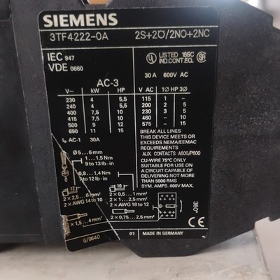 SIEMENS Single/3-Phase Contactor 3TF4222-0AQ0 30A 600Vac (380V/50Hz) (460V/60Hz)