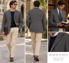 Oscar De La Renta Blazer Mens 42R Gray Houndstooth Wool Academia Sport Coat