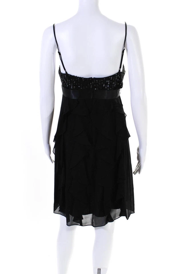 Vestido negro BCBG Max Azria para mujer bordado con lentejuelas con volantes y cremallera atada talla 8P Foto 3 de 4