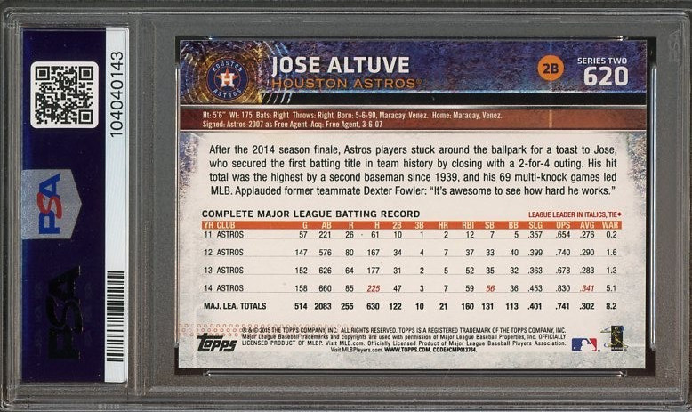 2015 Topps #620 Jose Altuve GEM-MT PSA 10 Houston Astros 0143 view 2