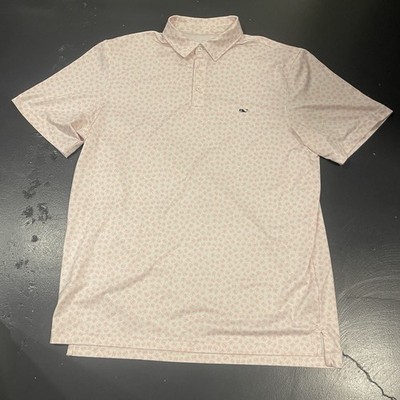 Vineyard Vines Polo Shirt Mens Large Pink White Performance Golf Hamburger Print