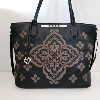 Brighton Anya Shopper Oslo Collection Nordic Embroidery Leather Tote Black-Putty