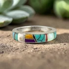 Vintage Sterling Silver Southwestern Inlay Ring Size 6.25 Multi Stone Signed