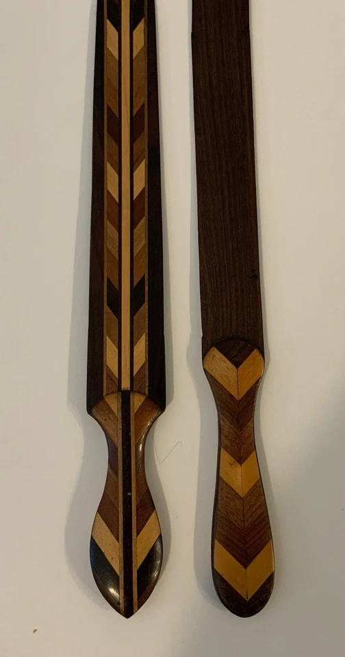 Antique Inlaid Parquetry Specimen Wood Letter Opener / Page Turner X 2 - Image 4 of 4