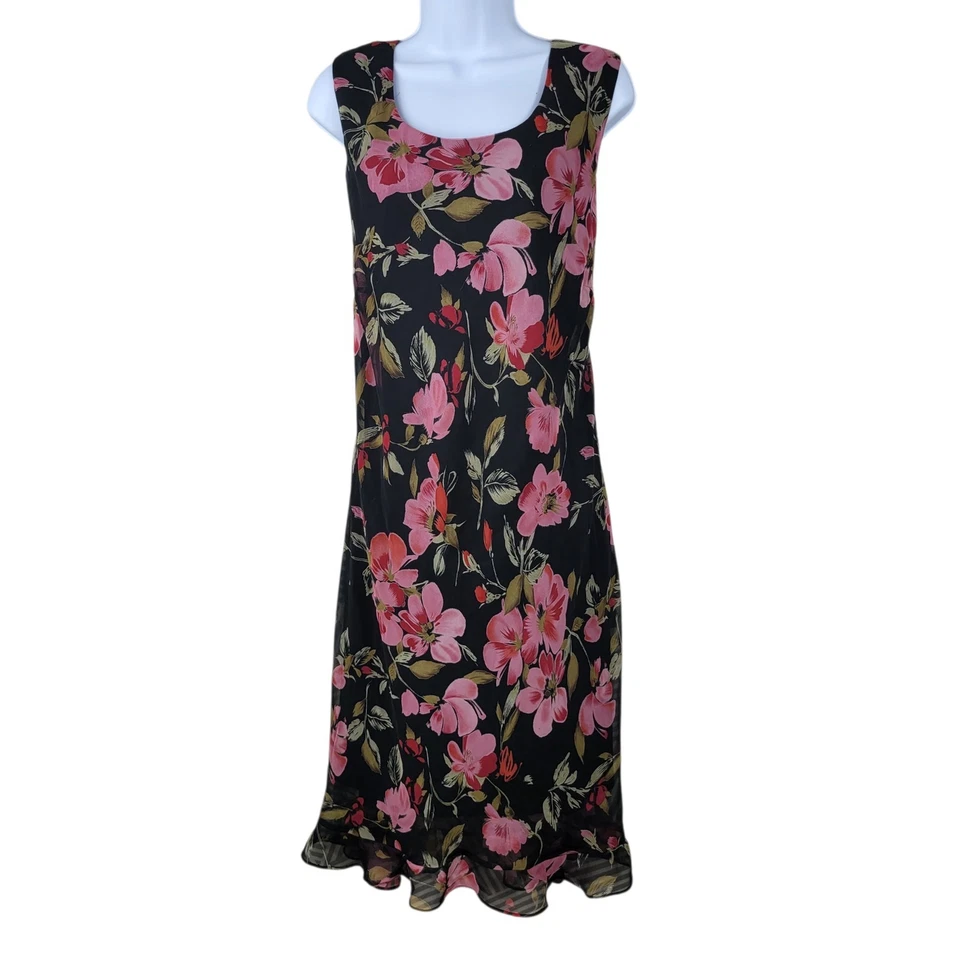 Vestido sin Mangas Vintage Plus 22W 22 Alt Largo Midi Romántico En Capas Negro Rosa Floral Foto 2 de 4