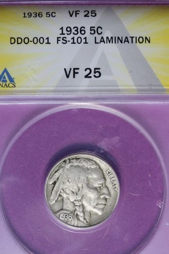 1936 ANACS 5C VF25 DDO-001 FS-101 LAMINATION BUFFALO NICKEL #B51424