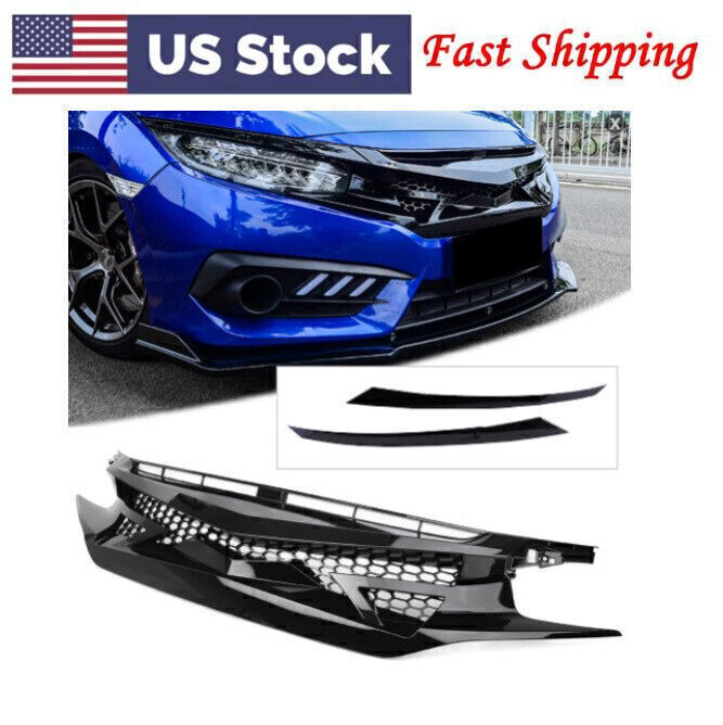 Glossy Black Battle Style Front Bumper Hood Grille for 2016-19 Honda Civic