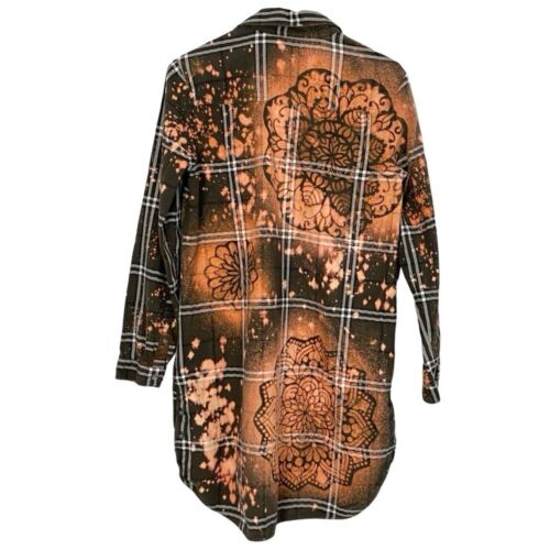 Handmade Flannel Dress Womens Small Boho Stencil Bleached Floral Tunic Green - Picture 2 of 11