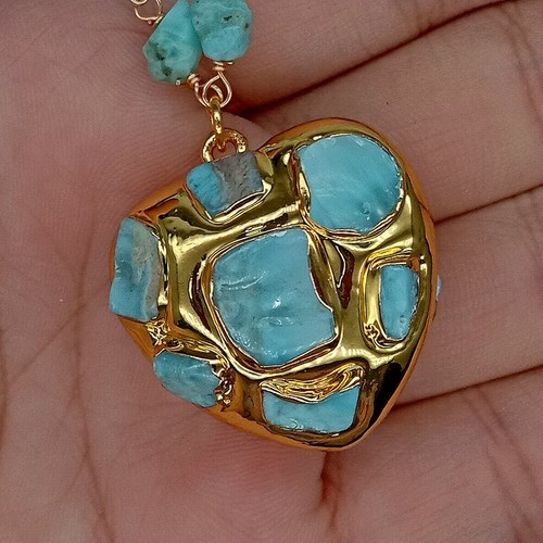 18" 3 Strands Natural Larimar Rosary Chain Necklace Heart-Shaped Larimar Pendant - Picture 8 of 8