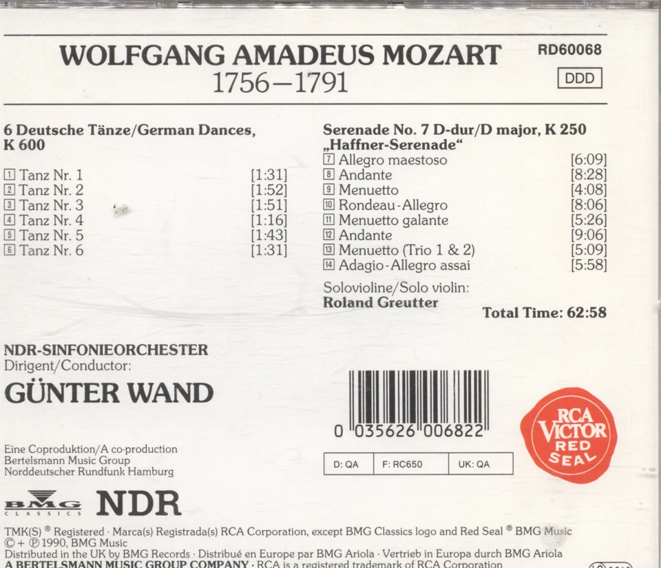 Günter Wand, - NDR Sym Orch (RCA 2001) - German Dances, Haffner -Serenade CD - Image 2 of 2