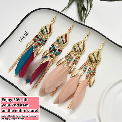 BOHO Feather Beaded Earrings Fringe Tassel Bohemian Ethnic Dangle Drop Handmade