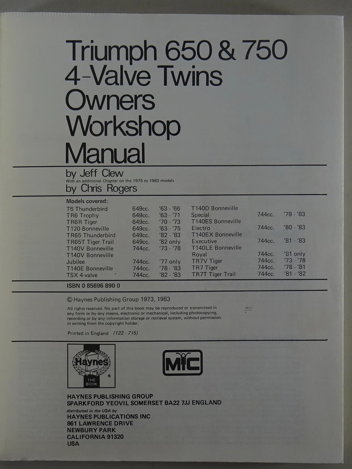 Haynes Manuale di Riparazione Triumph 650 & 750 4-valve Twins Stand 1983 inglese - Immagine 2 di 4