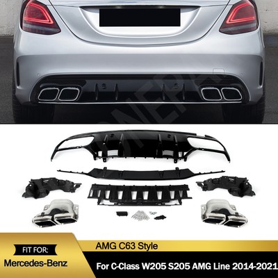 For 2014-2021 Benz W205 S205 C300 C350 C63 Style Rear Diffuser Exhaust Tips