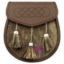 CC Mens Scottish Half Dress Kilt Sporran Celtic Embossed Brown Leather Sporrans