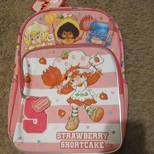 Strawberry Shortcake Girls Medium Backpack Pink/White Striped Zip Mesh Pocket