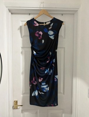 Women's Monsoon Monaco Ruched Twist Front Navy Mix Floral Bodycon Dress size 8