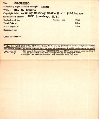 Tune-Dex Card ''Comprendo'' Latin Tango Song 1942 Whitney Blake Music Pub