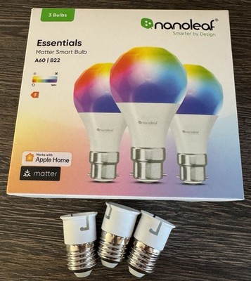 Nanoleaf Essentials 3 Stück, B22 mit B22 zu E27 Adapter Matter over Thread Birne