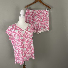 Garnet Hill Asian Wrap Top  Shorty Pajamas Set Size L Pink Floral 100 Cotton