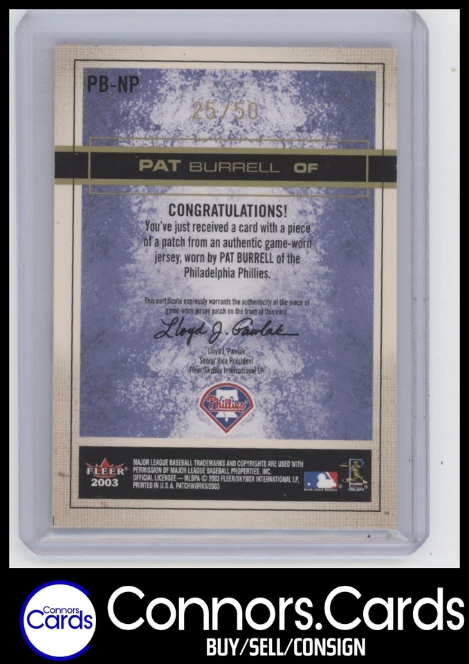 Placa de identificación Pat Burrell 2003 Fleer Patchworks #PB-NP National Patchtime/50 Foto 2 de 2