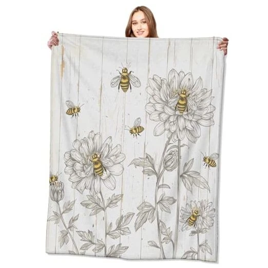 Vintage Blanket Rustic Botanical Wood Throw Blankets with Honeybee 50x60in Bee