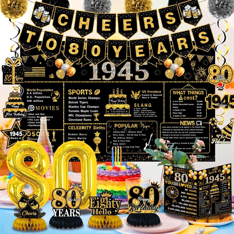 Decoraciones de cumpleaños 80 para hombre mujer, 22 piezas en 1945 oro negro 1945  Foto 4 de 4