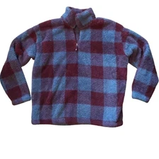 Womens Plaid Fuzzy Fleece Quarter Zip Pullover Top Burgundy Blue Size XL