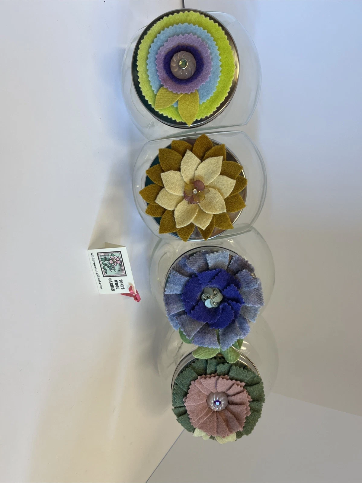 Four Glass Jars With Lids Beautiful Wool Toppers Rhinestones Decor