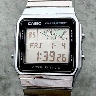 Casio A300U World Time Watch 80s Digital Quartz Vintage Silver Mens Edition
