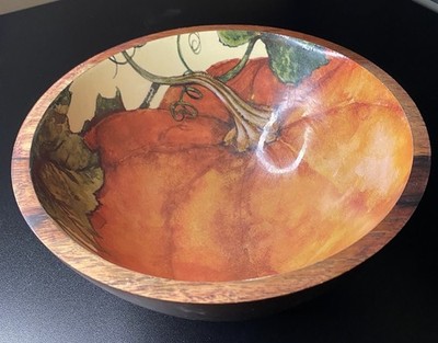 Mango Wood Pumpkin Bowl 6  Diameter Painted Interior Stained Wood Exterior