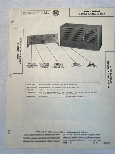 Altec Lansing Models A-333A A-433A Verstärker Photofact Folder 5 Set 165 Original - Bild 2 von 2