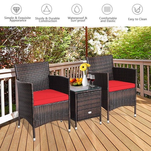 Brown 3-Piece Wicker Patio Conversation Seating Set with Red Cushions - Picture 4 of 8