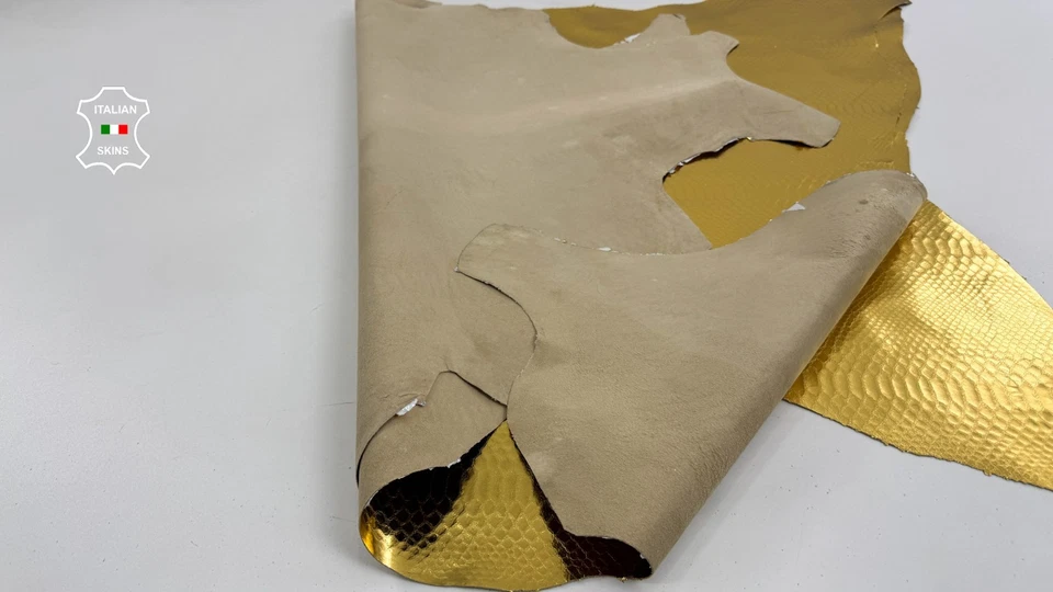 METALLIC GOLD SNAKE PRINT On Italian Calfskin Leather 2 skins 14+sqf 0.9mm C6459 - Image 3 of 4