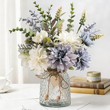 Silk Flowers with Vase, Artificial Flowers Arrangement with Glass Vase Faux R...