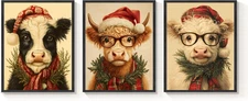Christmas Canvas Wall Art Set of 3, Unique Highland Cow Pictures Navidad Decor,
