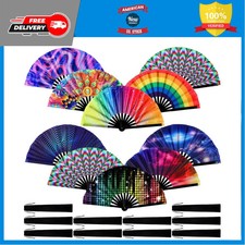 10 Pcs Large Folding Hand Fan Bamboo Rainbow Clack Fan for Festival Party Dance