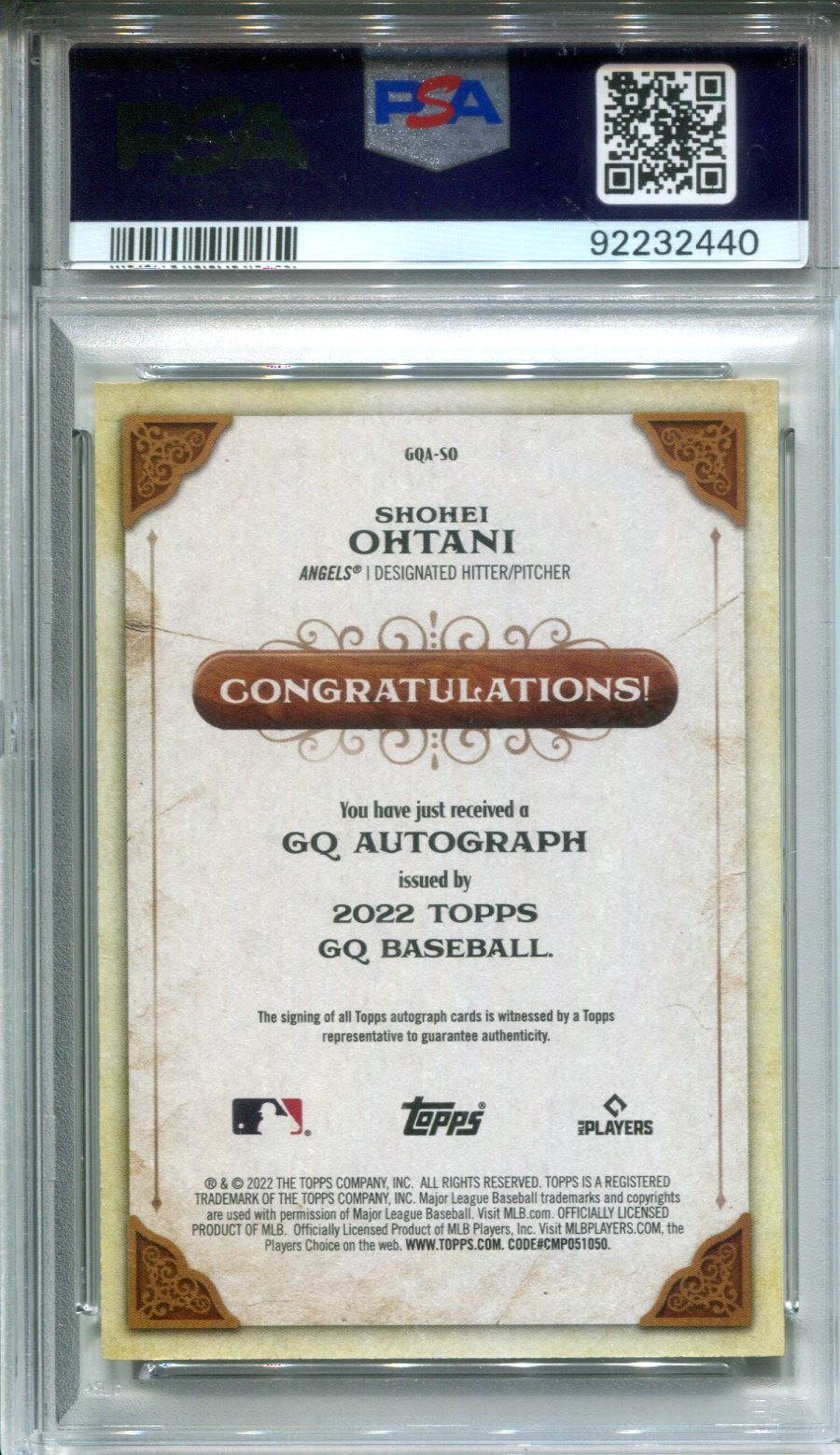 2022 Topps Gypsy Queen Shohei Ohtani Autograph #SO PSA 10 AUTO 10 view 2