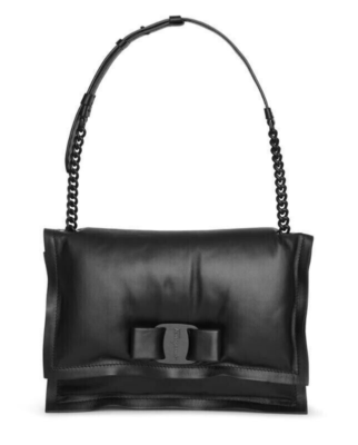 SALVATORE FERRAGAMO Viva Bow Padded Black Leather Shoulder SALVATORE FERRAGAMO Viva Bow Padded Black Leather Shoulder