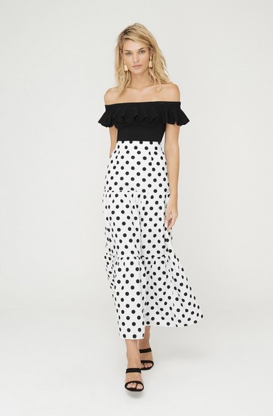 Sheike Polkadot Gigi Spot Maxi Skirt size 8 black white tiered linen rayon
