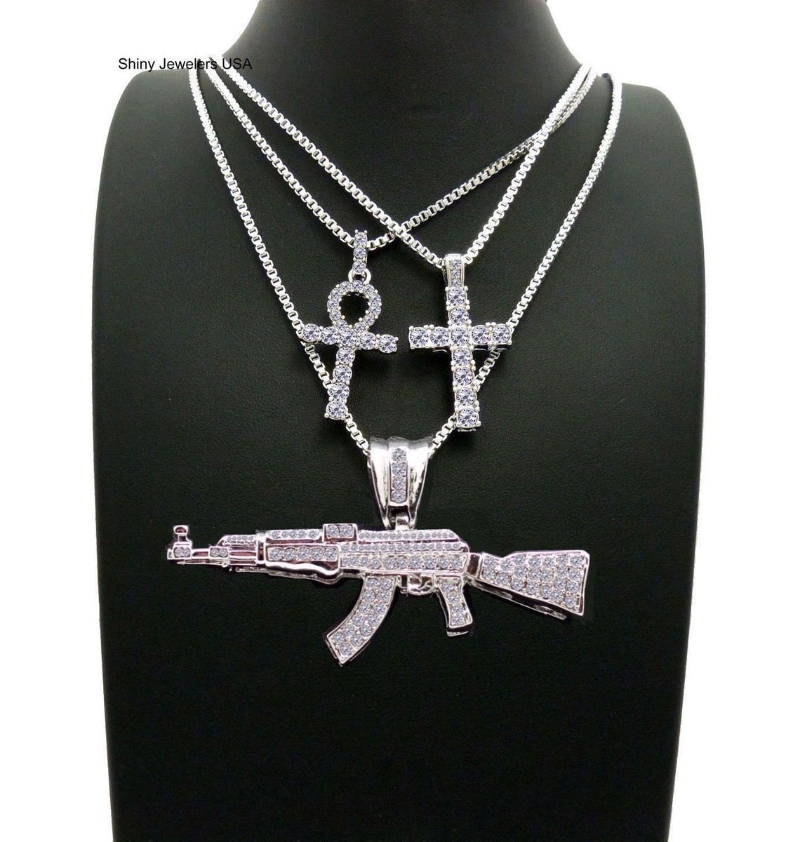 MENS SILVER MACHINE GUN AK47 CHOPPER ,CROSS ANKH BOX CHAIN 3