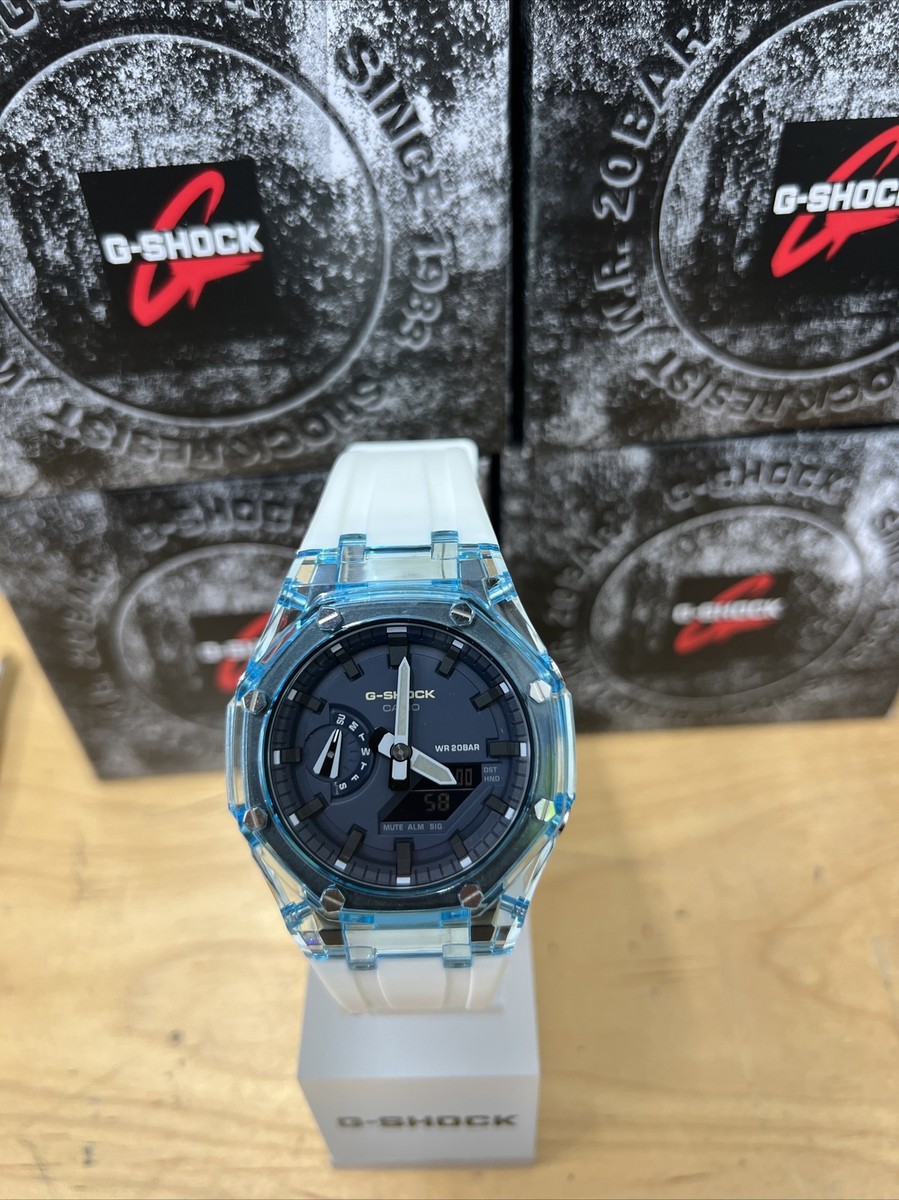 New Casio G-shock GA2110ET-2A Custom Limited White Band Blue Clear Case  Watch