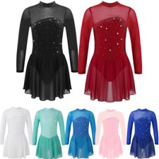 Girls Figure Ice Skating Dress Shiny Rhinestones Mesh Ballet Leotard Dancewear