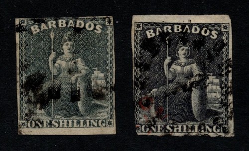 BARBADOS 1858 BOTH 1s BRITANNIA SHADES, SG 12/12a, USED, CAT. £205