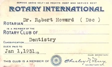 1931 Rotary International Membership Card – Dr. Robert Howard, Dentistry