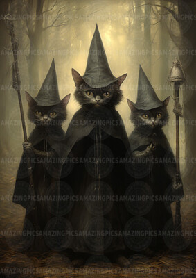 Witch Cat Trio Art Print Fantasy Animal Portrait Black Cats Forest Magic Hat D42