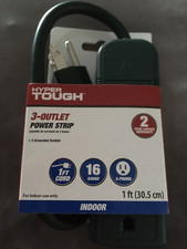 3-Outlet Power Strip Extension Cord 16g 1Ft Cord Green Grounded Hyper Tough