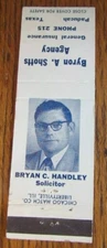 PADUCAH, TEXAS: BRYAN HANDLEY INSURANCE AGENT LOW PHONE #215 MATCHBOOK COVER F14